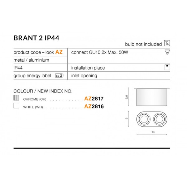 Azzardo Brant  2 biały IP44  AZ2816