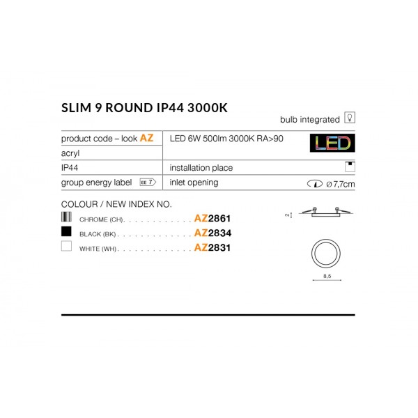 Azzardo Slim 9 round 3000k  czarny AZ2834