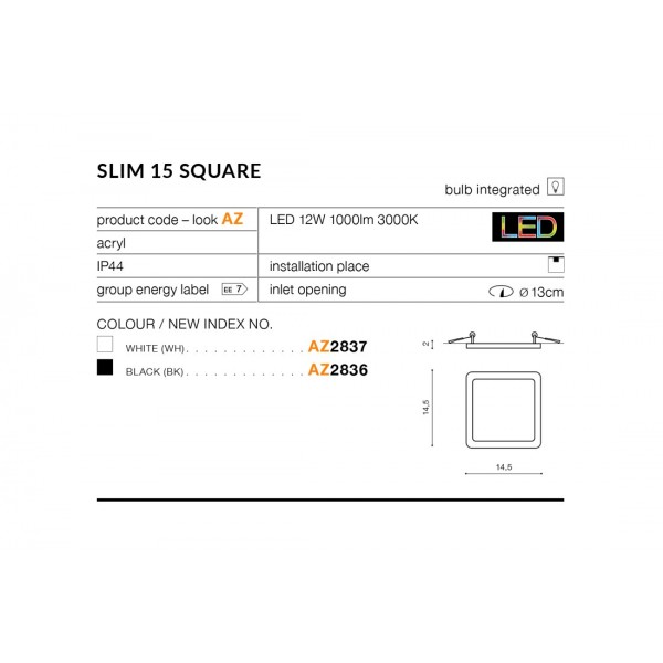 Azzardo Slim 15 square 3000k czarny AZ2836