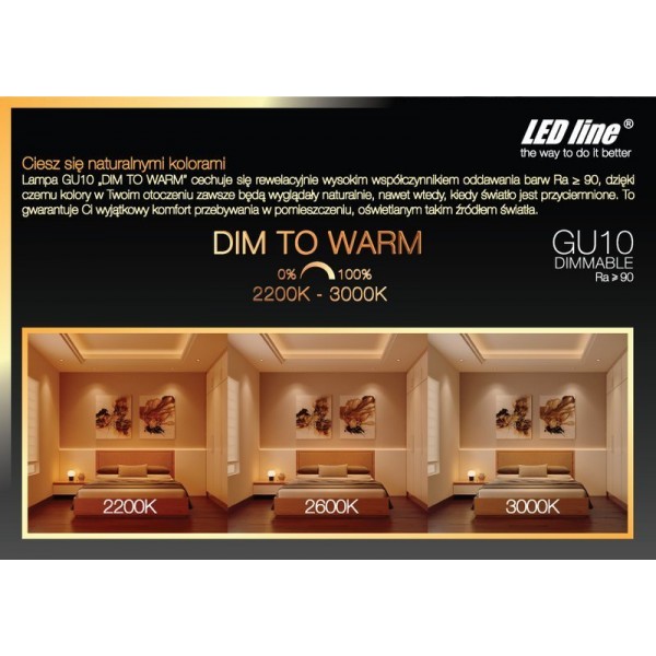 Żarówka LED line GU10 220~240V 5,5W 345lm 2200-3000K Dim to Warm